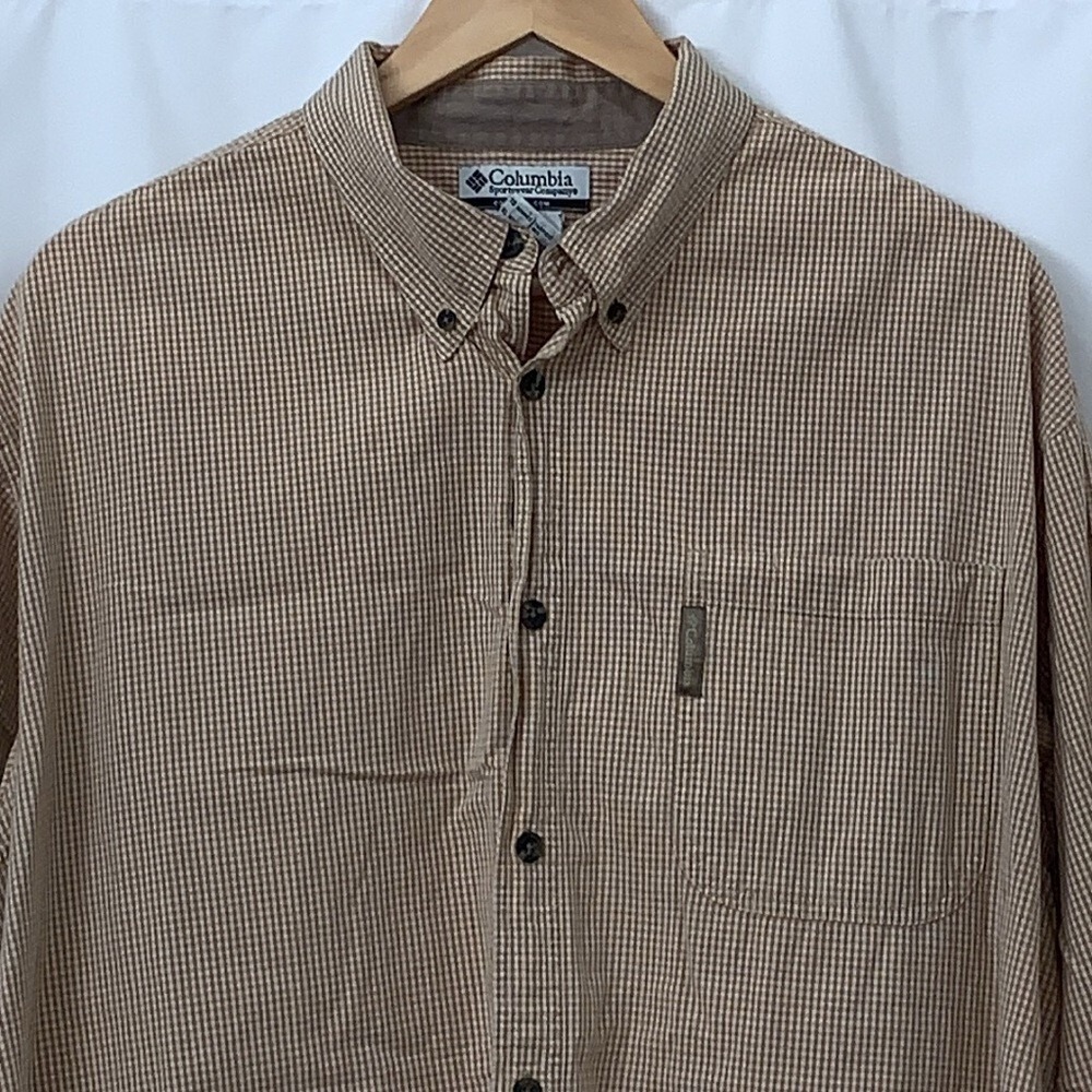 Columbia Mens XL Tan Gingham Long Sleeve Button Down Shirt AM7400 - Picture 2 of 8
